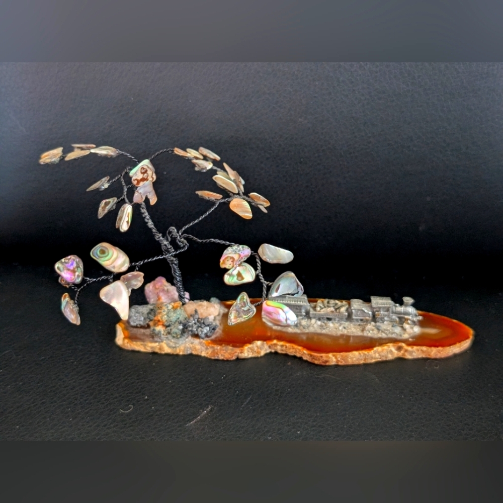 Vtg Twisted Wire Tree Sculpture on Agate Base, Stone Leaves And Pewter Train